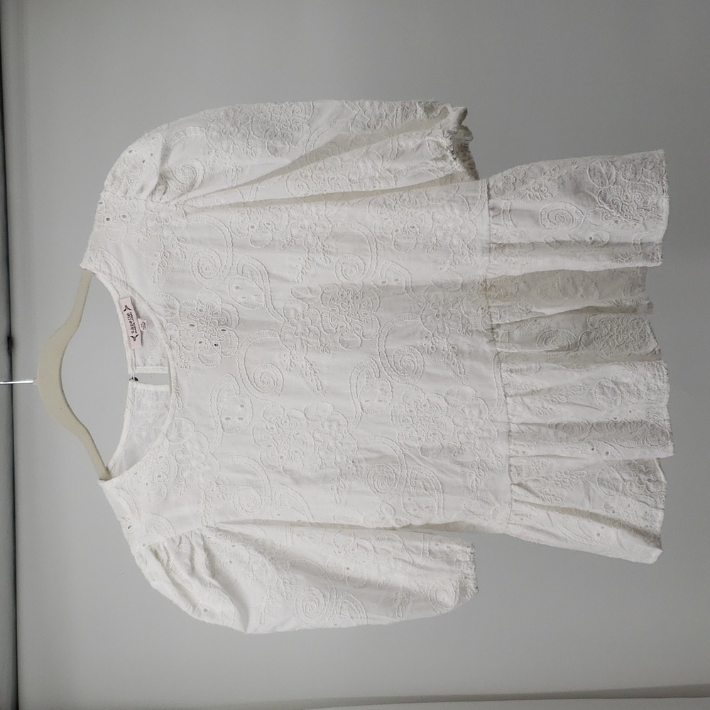 Nanette Lepore Eyelet Peplum Short Puff Sleeve White Keyhole Blouse Size XL - Picture 4 of 12